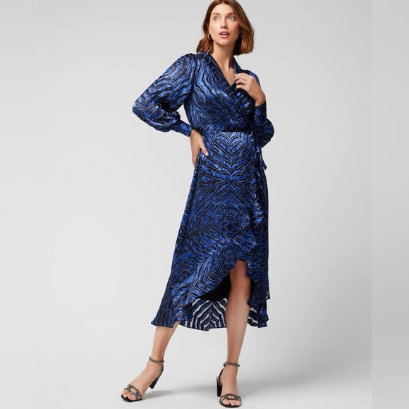 WHBM LONG SLEEVE SILK BURNOUT WRAP DRESS - Picture 3 of 6